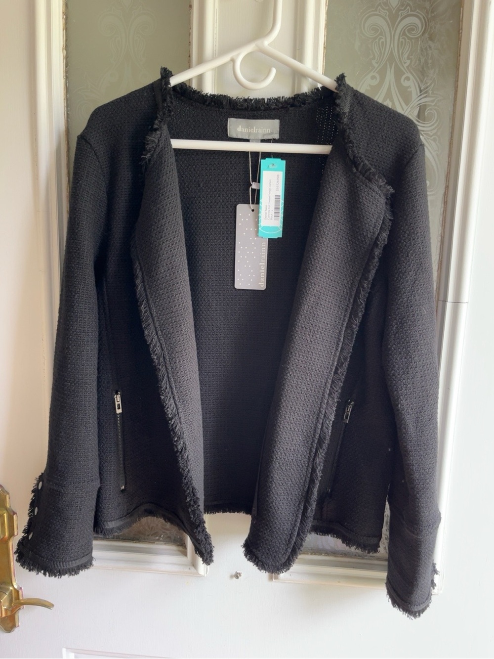 NWT Daniel Rainn Carlotta Knit Tweed Fringe Jacket Black Size Large